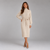 Belted Turtleneck Knit Midi Dress with Button Detail
