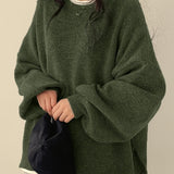 Oversized Round Neck Sweater with Balloon Sleeves and Ribbed Cuff