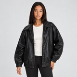 Oversized Leather Bomber Jacket with Zip Front and Point Collar