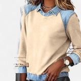 Denim Collar Knit Sweatshirt with Crew Neck