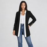 Long Open-Front Blazer with Contrast Trim and Button Cuffs