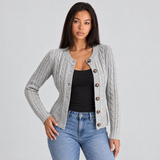 Cable Knit Button-Front Cardigan with Round Neck