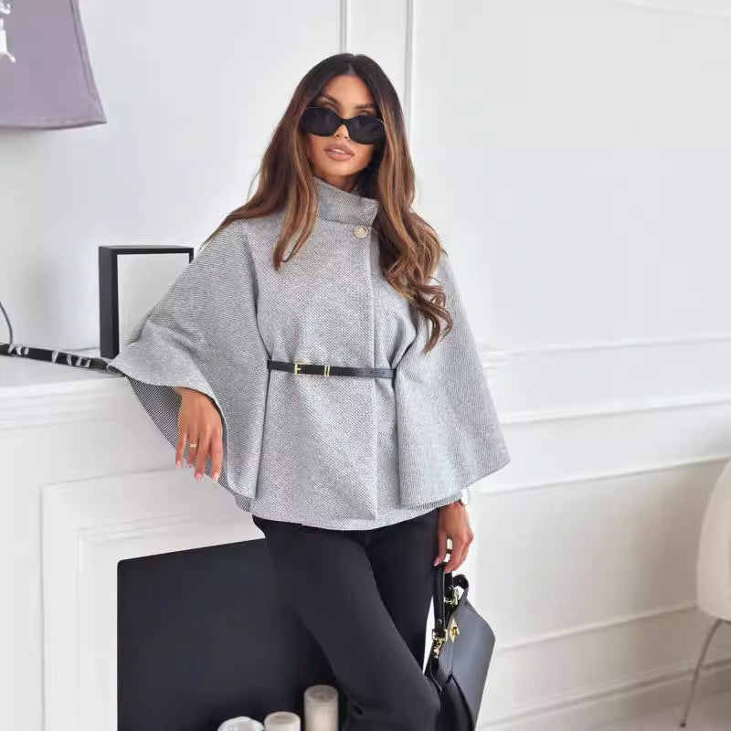 Belted High Neck Sweater with Cape Sleeve
