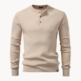 Ribbed Round Neck Half Button Sweater