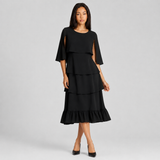 Tiered Ruffle Midi Dress with Cape Sleeves and Round Neck