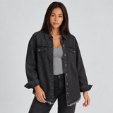 Oversized Denim Shirt Jacket with Button Front and Frayed Hem
