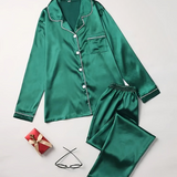 Satin Pajama Set with Button-Up Shirt and Long Pants
