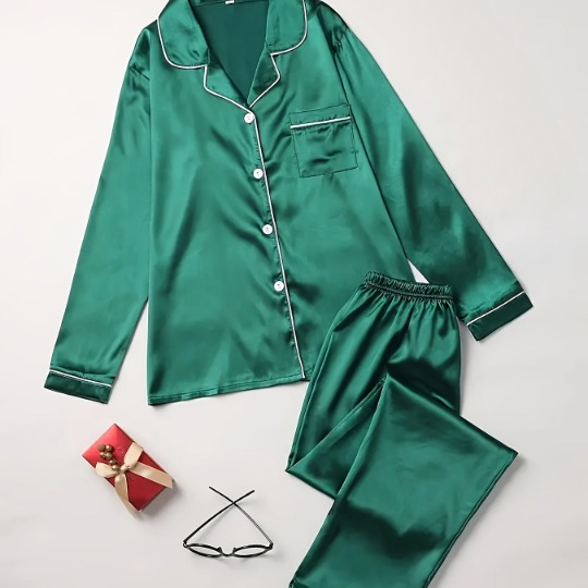 Satin Pajama Set with Button-Up Shirt and Long Pants