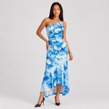 One-Shoulder Asymmetric Floral Maxi Dress with Ruched Waist
