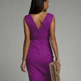Wrap V-Neck Bodycon Midi Dress Women Ruched Slit Evening Party Dress