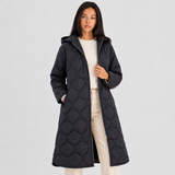 Women's Long Quilted Coat with Hood and Front Zipper for Winter