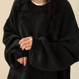 Oversized Round Neck Sweater with Balloon Sleeves and Ribbed Cuff