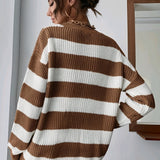 Oversized Chunky Knit Striped Sweater with Round Neck