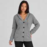 Hooded Button-Front Knit Cardigan with Drawstring
