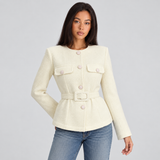 Belted Button-Front Blazer with Round Neck and Flap Pockets