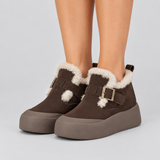 Fleece-Lined Ankle Boots with Buckle Strap and Platform Sole