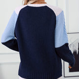 Cable Knit Color Block Sweater with Raglan Sleeves and Round Neck