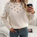 Floral Embroidered Sweater with Round Neck and Ribbed Cuff