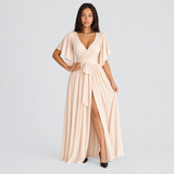 Wrap Maxi Dress with Flutter Sleeve and Tie Waist