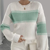 Two Tone Ribbed Knit Sweater with Balloon Sleeves and Ribbed Cuff