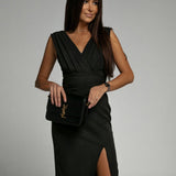 Wrap V-Neck Bodycon Midi Dress Women Ruched Slit Evening Party Dress