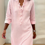 V-Neck Shift Dress with Ruffle Front