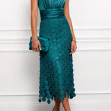 Halter Neck Midi Dress with Ruched Waist and Cutout Skirt