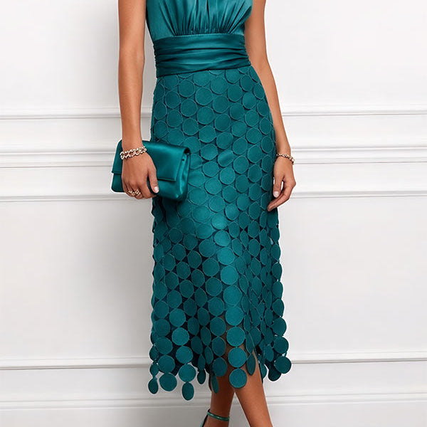 Halter Neck Midi Dress with Ruched Waist and Cutout Skirt