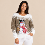 Christmas Sweater for Women Snowman Print Crew Neck Long Sleeve Pullover for Christmas Parties