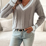V-Neck Sweater with Cable Knit and Striped Trim
