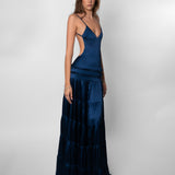 Satin V-Neck Maxi Dress with Cutout Waist and Tiered Skirt