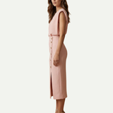Sleeveless Midi Dress with Button Detail and Front Slit
