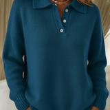 Half Button Polo Collar Sweater with Ribbed Hem