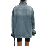 Oversized Denim Jacket with High Collar and Button Front