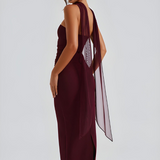 Strapless Maxi Dress with Ruched Waist and Neck Scarf