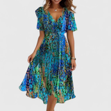 A-Line Floral Wrap Midi Dress with Ruffle Sleeves