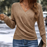 Women's V-Neck Knit Sweater – Wrap-Style Long Sleeve Pullover for Everyday Wear