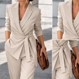 Wrap Blazer and Wide-Leg Pants Suit Set with Tie Waist