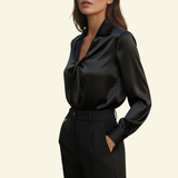 Satin Blouse with Twist Front and Collared Neckline