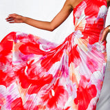 One-Shoulder Floral Pleated Maxi Dress with Ruched Waist