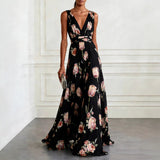 Pleated Floral Print Maxi Dress with V-Neck