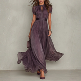 Lace Trim Chiffon Maxi Dress with High Neck and Puff Sleeves