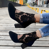 Floral Lace Mesh Ankle Boots with Block Heel