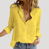 Linen Button-Front Blouse with V-Neck and Long Sleeves