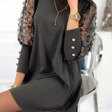Embroidered Mesh Sleeve Shift Mini Dress with Round Neck