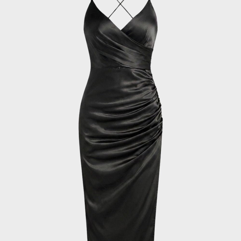 Ruched Satin Midi Dress with Wrap V-Neck and Spaghetti Straps