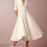 V-Neck Midi Dress with Flared Skirt and Three-Quarter Sleeve