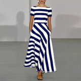 Striped Maxi Dress with Boat Neck and Short Sleeves