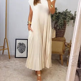 Pleated Maxi Dress with Crew Neck and Cap Sleeves