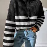 Half-Zip Striped Ribbed Knit Sweater